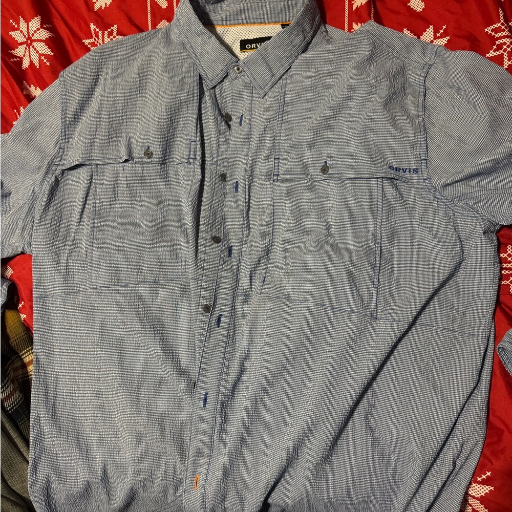Orvis Textured Light Blue Casual Button Down Shirt Active Fit, with Venting